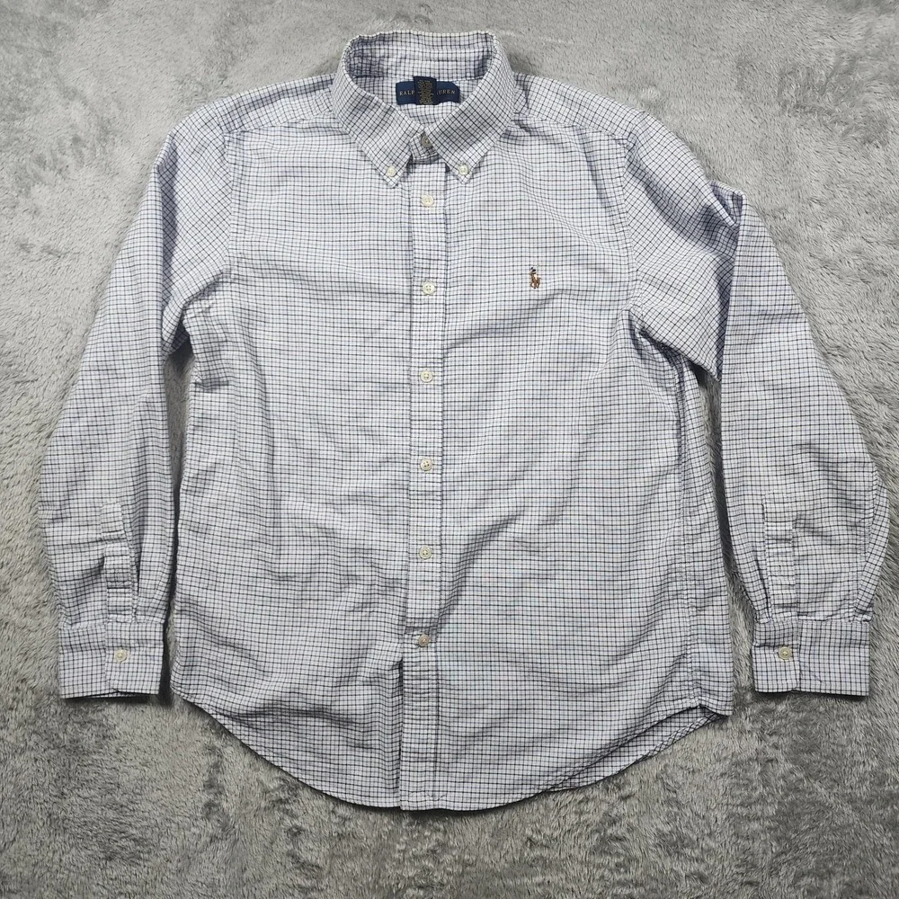 Ralph Lauren Shirt Boy Large 14-16 Blue Check Long Sleeve Button Down Flesh Pony